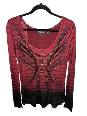 Miss Me Top Women’s M Burgundy to Black Ombre Embellished Long Sleeve Studded